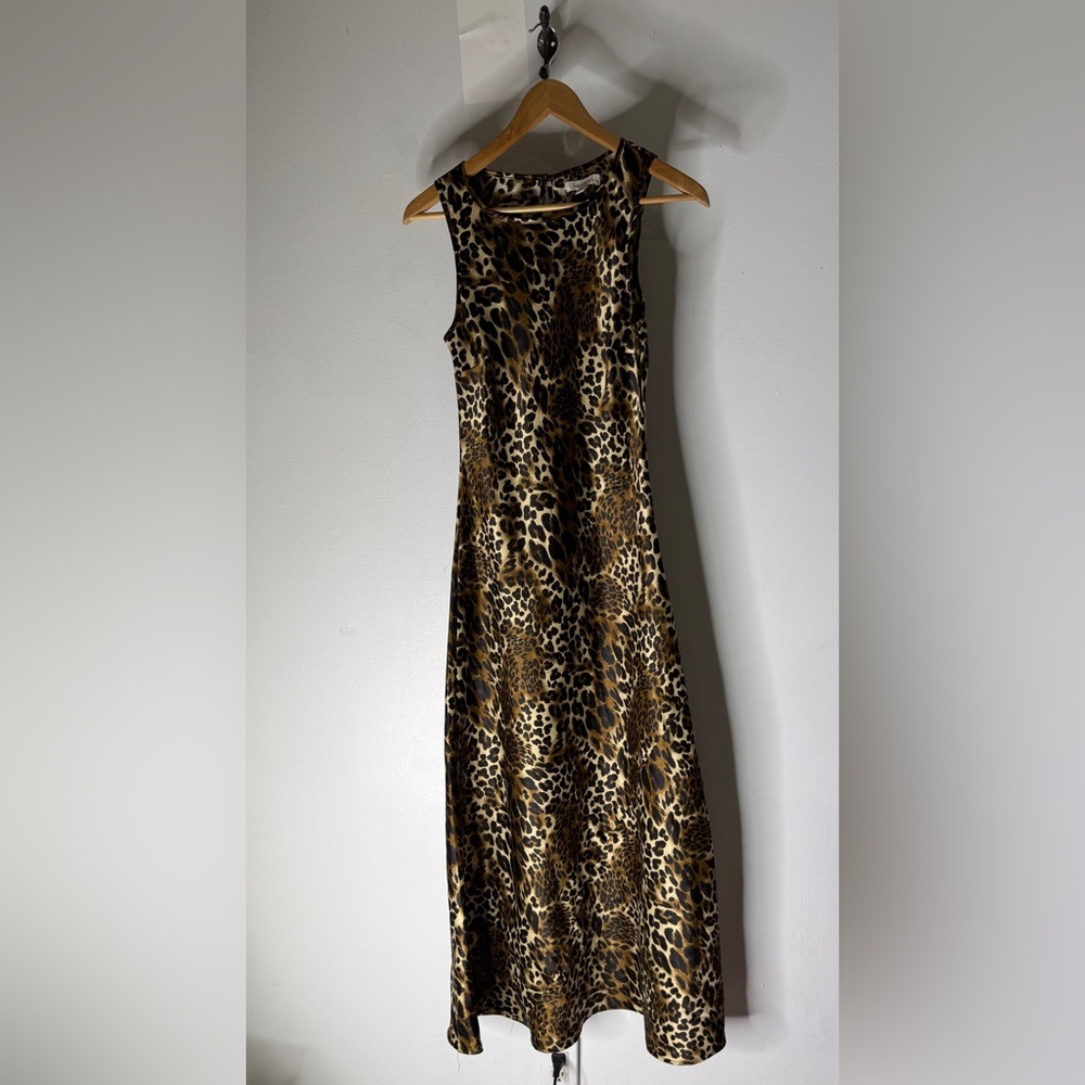 Francesca’s Leopard Print Sleeveless Maxi A Line Dress Satin Size Small‎